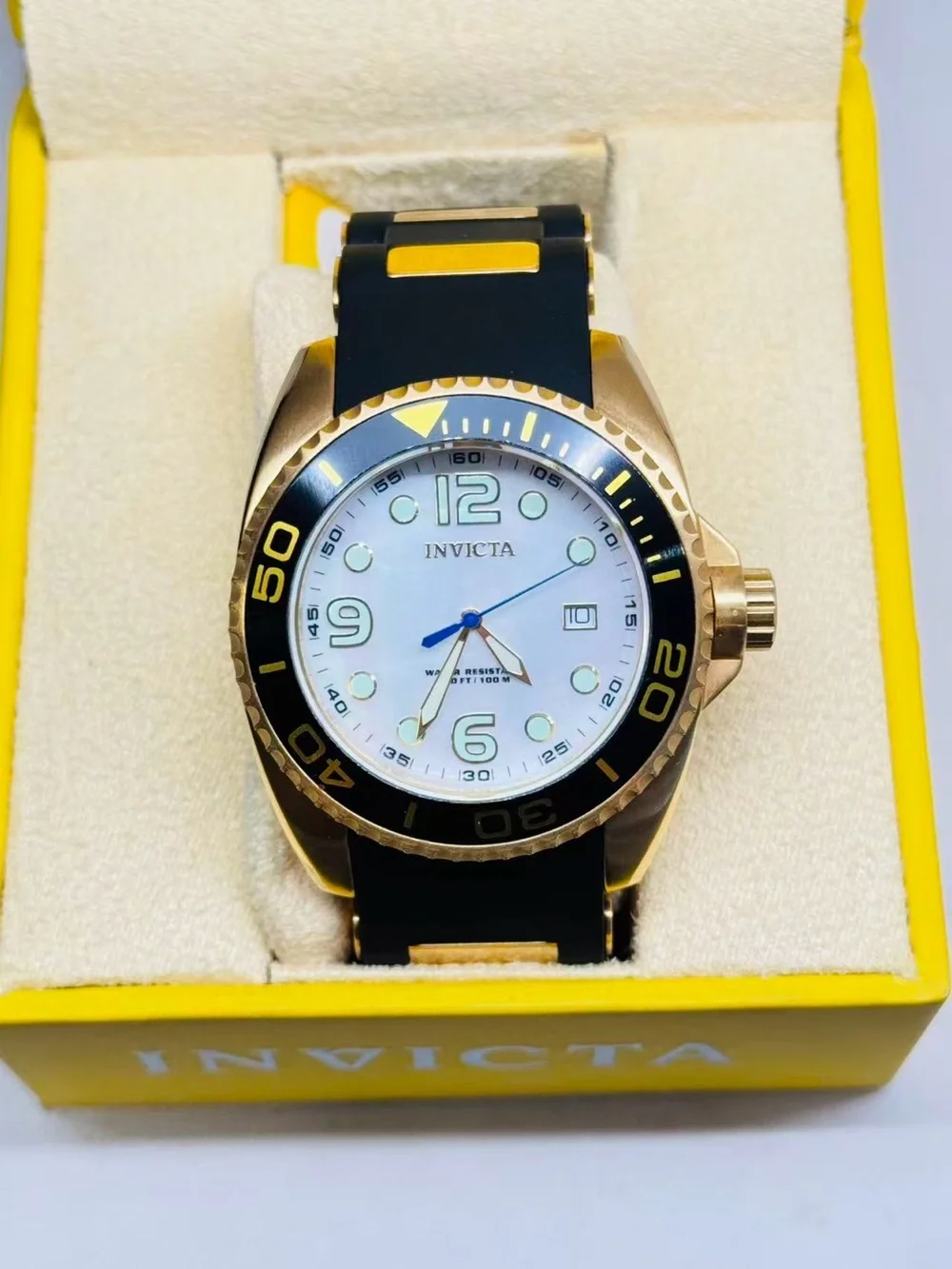 Invicta Pro Diver Gold Tone 44mm Quartz Watch MOP Dial Black Strap New In Box